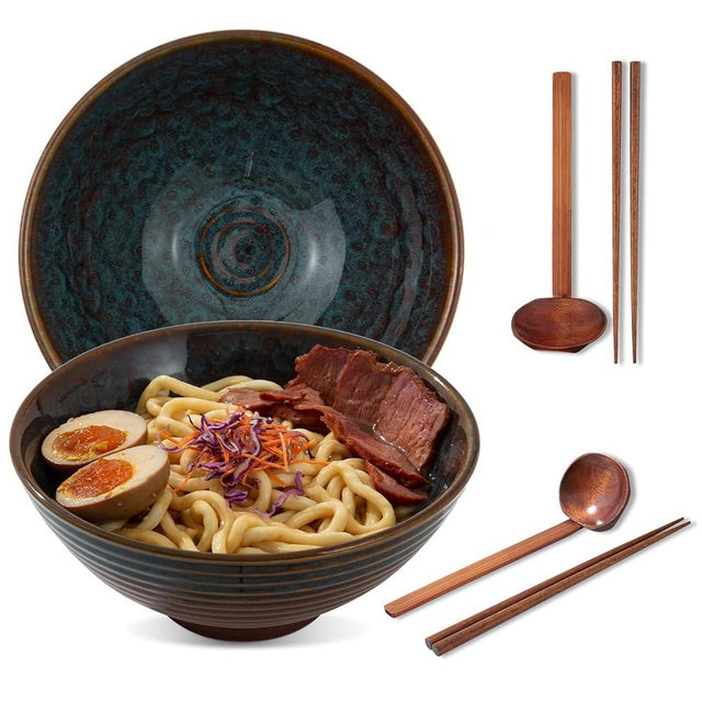 ArtifexCeram 8 Inch Ceramic Ramen Bowl Set of 2, 40oz Japanese Bowls with Spoons & Chopsticks,Durable,Microwave & Dishwasher Safe,Perfect for Ramen,Pho,Salad,Soup,Noodles，Mixing bowls（Verdigris Green）