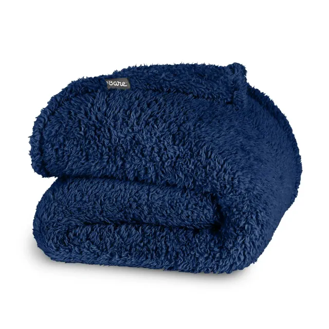 Dark Blue - Solid Throw Cozy Faux Shearling Bed Blanket by Bare Home