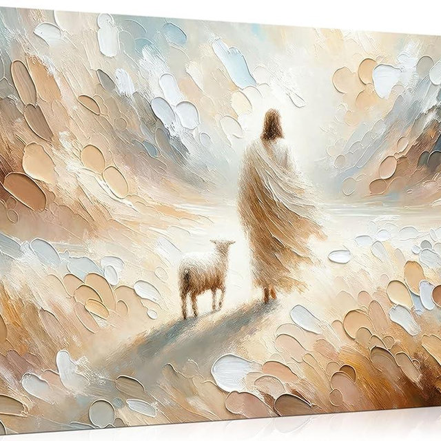 jesus leaves the 99 sheep Canvas Wall Art Christian Jesus God Savior Wall Decor Picture Jesus and Lamb Lost Sheep Poster Print Painting for Living Room Bedroom Church Decor Ready to Hang