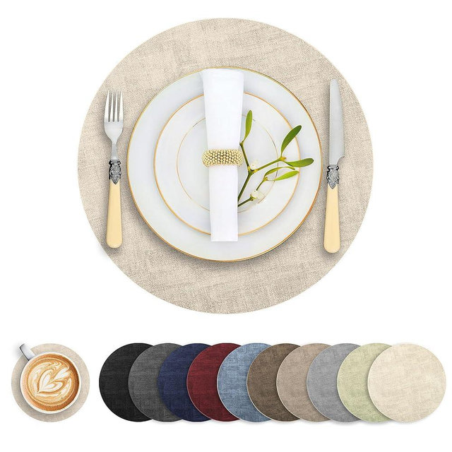 Round Faux Leather Placemats and Coasters, Set of 6, Reversible Heat Resistant Non-Slip Table Mats, Waterproof Wipeable Place Mats for Dining Table, Washable for Indoor & Outdoor (6, Beige)
