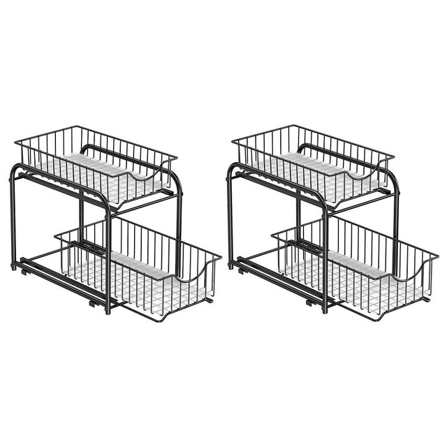 SONGMICS 4-Tier Stackable Cabinet Organizer - Gondola Shelving with 2 Sliding Basket Drawers, Ample Storage for Kitchen and Bathroom, Space-Saving Design, Easy Assembly, Ink Black UKCS017B02