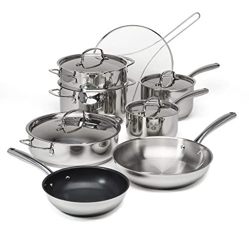 Goodful Classic Stainless Steel Cookware Set with Tri-Ply Base, Impact Bonded Pots and Pans, Dishwasher Safe, 12-Piece