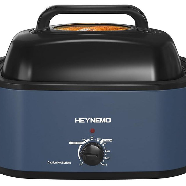 22 Quart Roaster Oven with Viewing Self-Basting Lid, Large Electric Turkey Roaster Oven with Defrost & Warm Function, Adjustable Temperature, Removable Pan & Rack, Stainless Steel, Blue