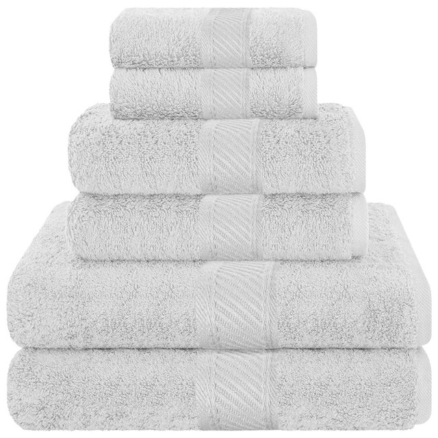 TAKTICK 6-Piece Luxury Towel Set 100% Cotton for Bathroom - Soft and Highly Absorbent Viscose Stripe Towels for Everyday Use, 2 Bath Towels, 2 Hand Towels, and 2 Wash Cloths, Gray Towel Set (White)