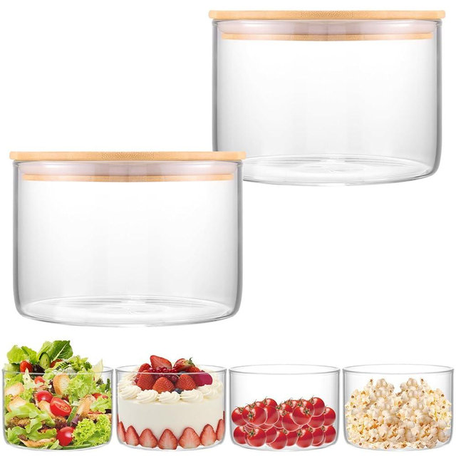 Sibosen 2PCS Premium Glass Trifle Bowl with Lid, Perfect for Desserts, Ice Cream, Fruit, Salads, and Food Storage 5.5 x 3.5inch Stylish Clear Round Glass Container with Airtight Lid, Microwave Safe
