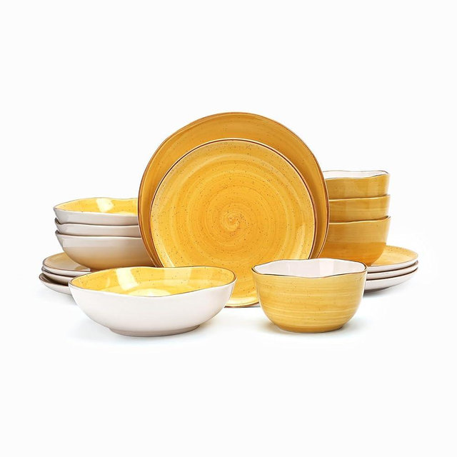 Home VSS Highland 16-Piece Dinnerware Set Service for 4, Organic Shape Stoneware Plates and Bowls Set, Scratch Resistant, Microwave and Dishwasher Safe, Speckled Effect Handcrafted, Swirl Yellow