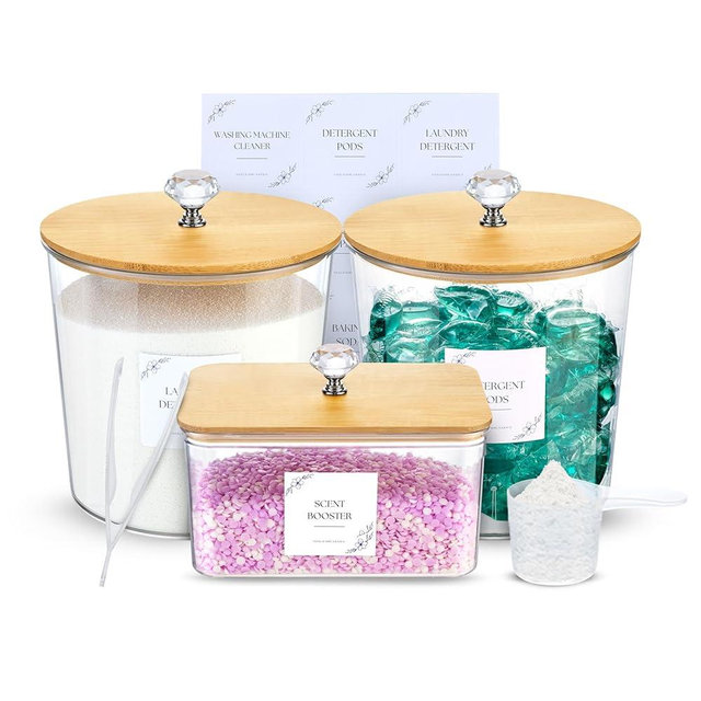 BROSNOLOGY Laundry Pods Container with Air-Tight Design Dryer Sheet Holder, Storage Jars for Pods, Liquid, Powder Detergent, Beads, Scent Booster, Organization Lids, Spoons, Clip, Labels