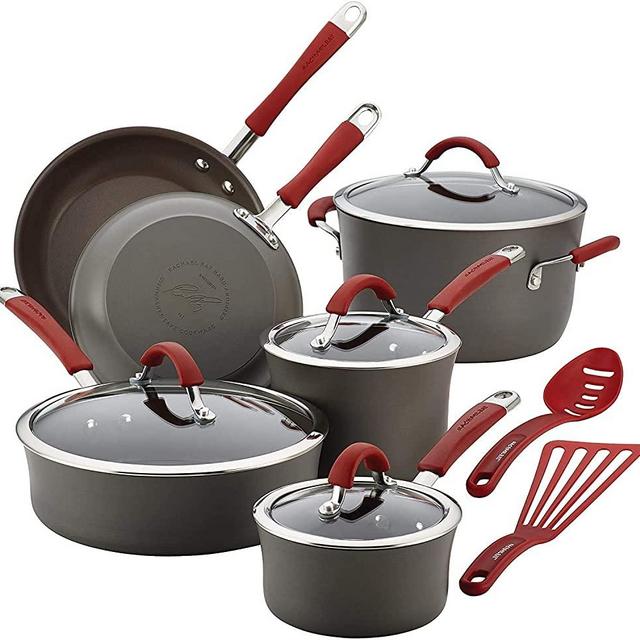 Rachael Ray Cucina Aluminum 12-Piece Nonstick Cookware Set (Hard-Anodized, Gray w/Cranberry Red Handles)