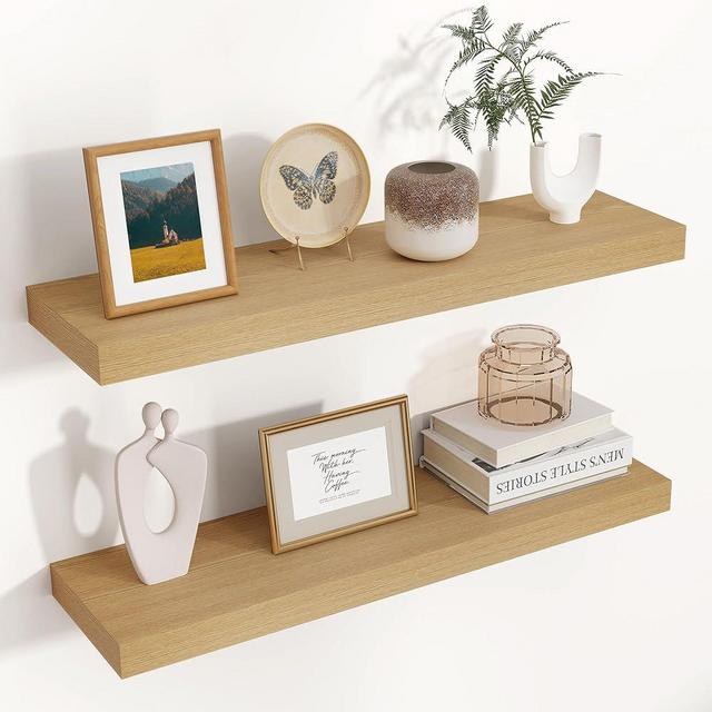 Floating Shelves for Wall, 23.6"W x 6.7"D x 1.37"H, 2 Pack of Long Wall Mounted Engineered Wood Shelves with Invisible Brackets for Living Room, Bedroom, Bathroom, Kitchen Decor and Storage, Oak