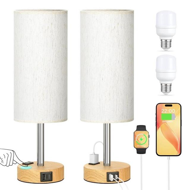 Touch Bedside Table Lamps Set - 3 Way Dimmable Bedroom Lamps Set of 2 with USB C and A Ports, Small Lamps for Nightstand with AC Outlet, Wood Base Round Flaxen Shade for Desk, Office, Dorm, Nursery