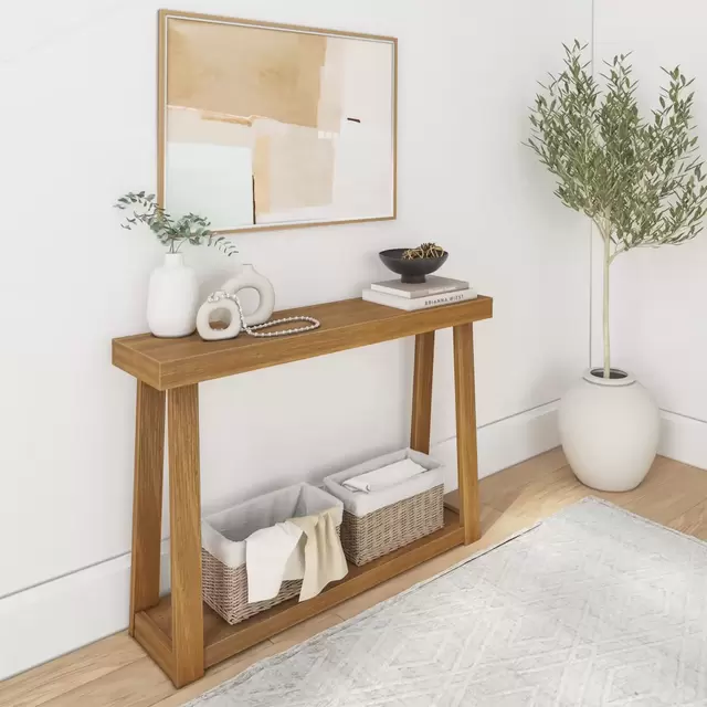 Plank+Beam 46.25" Solid Wood Console Table with Storage, Sofa Table with Shelf, Narrow Entryway Table for Hallway, Pecan