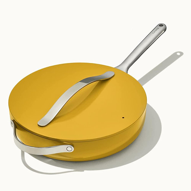 Caraway Ceramic Sauté Pan With Lid – Durable, Non-Toxic Ceramic Coated Interior – Stainless Steel Handles – Induction, Gas, & Electric Stovetop Safe – Oven Safe – Marigold