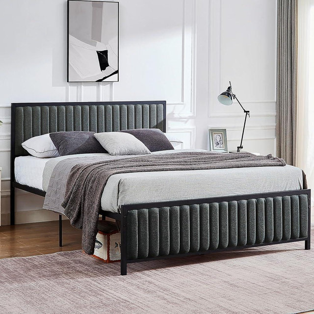 VECELO Queen Size Bed Frame with Upholstered Headboard, Heavy Duty Steel Slats Platform, No Box Spring Needed, Dark Grey
