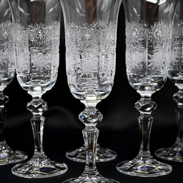 Czech Champagne Wedding Flutes set of 6, Wine Water Glasses 5oz, Hand Cut Crystal Glass, Bohemia Glass, Crystal Gift, Wedding Decor
