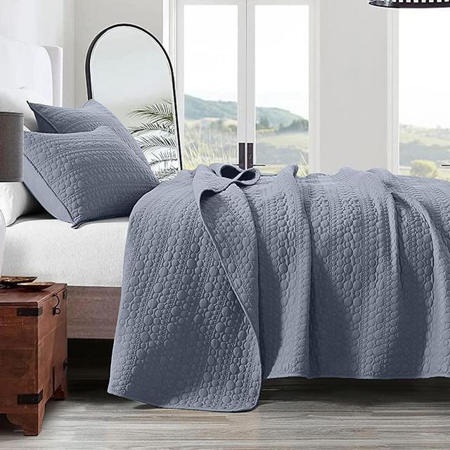 Quilt Set Queen Size Denim Blue, Classic Geometric Spots Stitched Pattern, Pre-Washed Microfiber Coverlet Ultra Soft Lightweight Quilted Bedspread for All Season, 3 Pieces