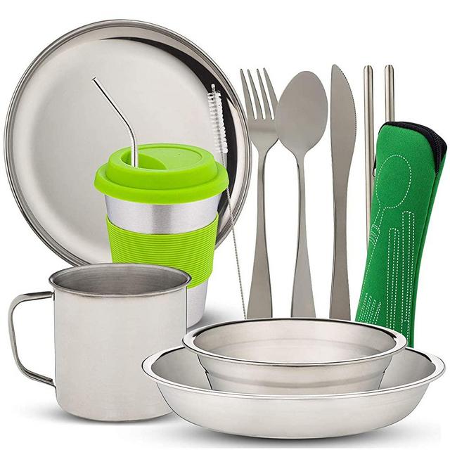 10-Piece Camping Dish Set - Stainless Steel Camp Mess Kit with Mesh Bag for Camping, Backpacking, Hiking - Complete Camping Dinnerware Set with Cup, Plate, Bowl, and Cutlery (with Zipper Cutlery Bag)