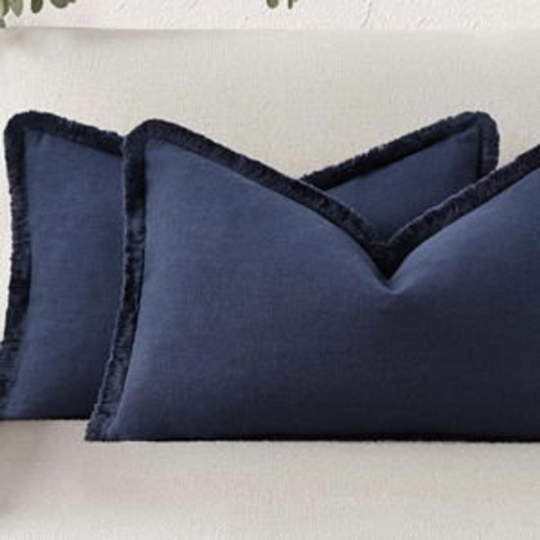 (NAVY) decorUhome Summer Decorative Patriotic Coastal Neutral Linen Fringe Lumbar Throw Pillow Covers Set of 2 Navy Blue Pillow Covers with Tassels Soft Farmhouse Pillow Cases for Couch Bed Sofa 12x20 Inch