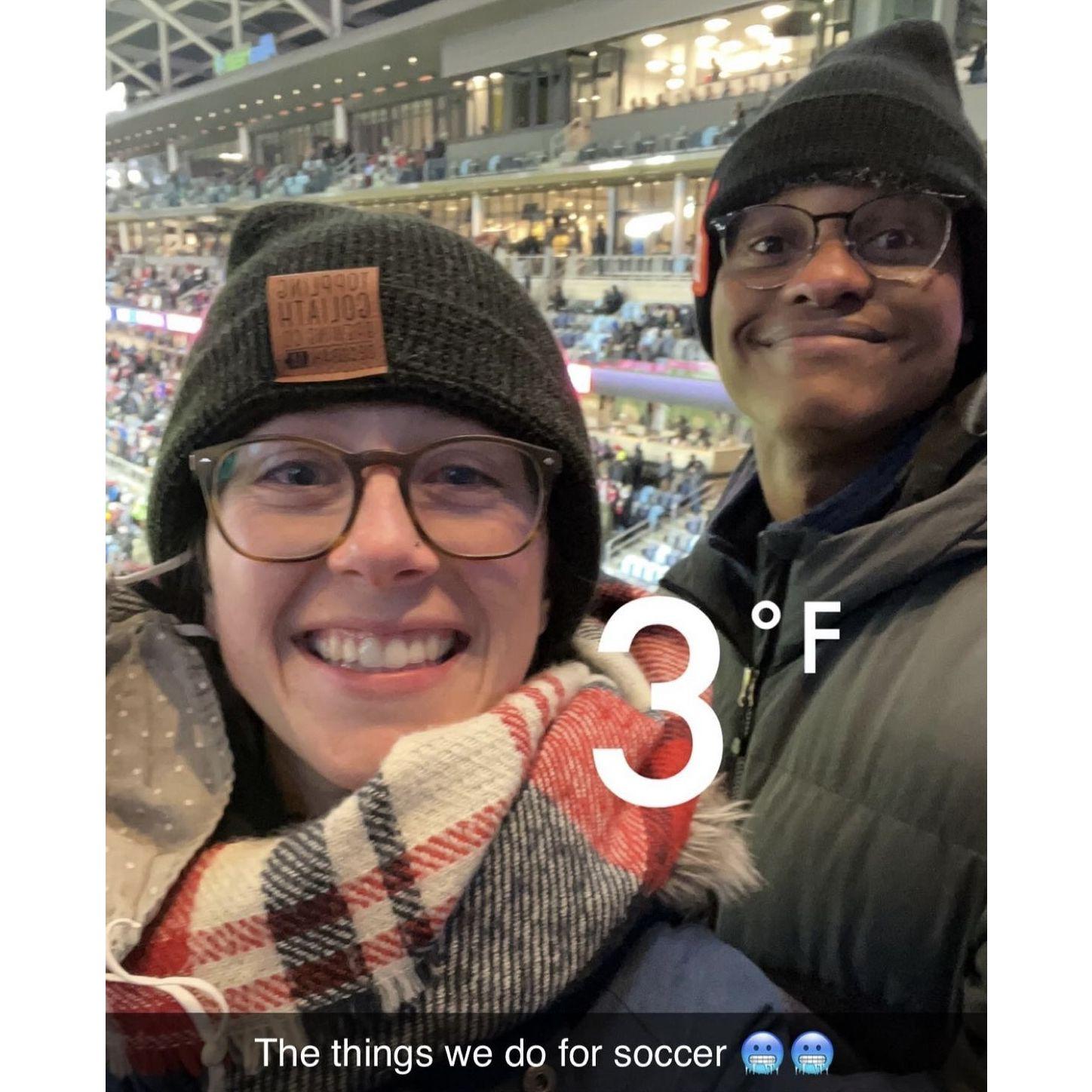 Froze every part of our body at the Men's USA v. Honduras World Cup Qualifier. We saw Pulisic score, so it was worth it.