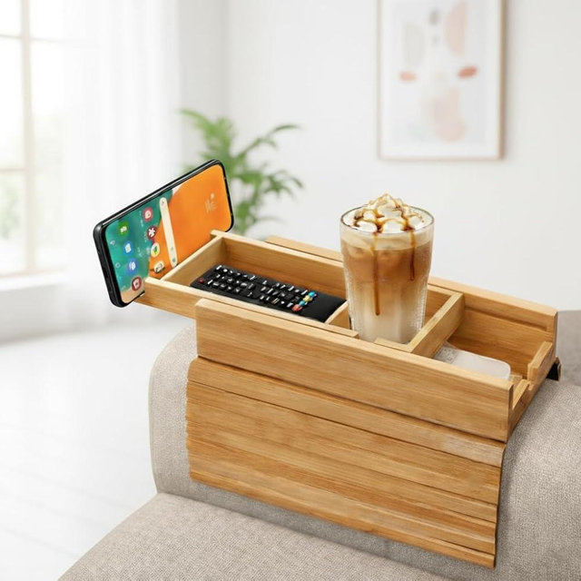 Bamboo Couch Armrest Table, 2-in-1 Foldable, Anti-Slip Sofa Arm Tray Includes a Detachable Cup Holder, Making it Ideal for Holding Remote Controls, Phones, Cups, and Snacks