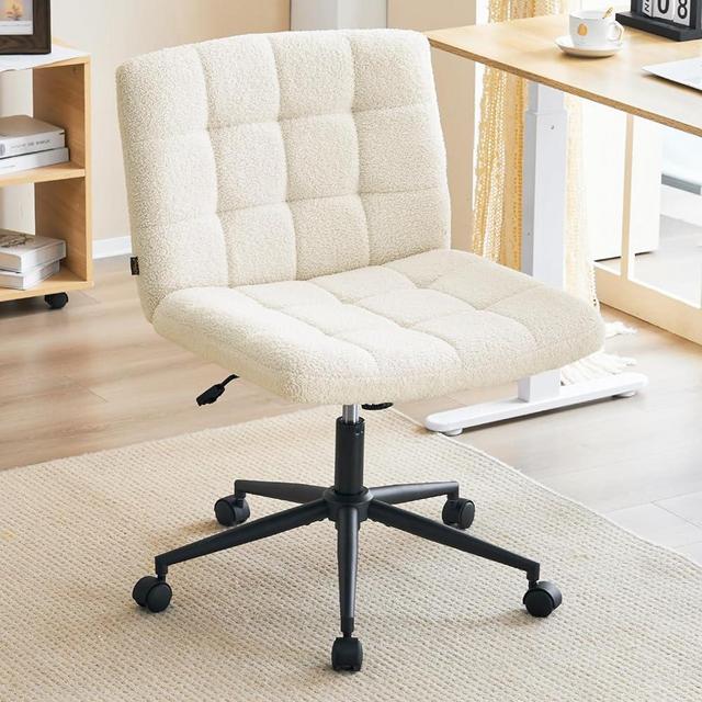 Furnimart Wide Armless Desk Chair with Wheels, Mid Back Swivel Criss Cross Chair for Home Office, Height Adjustable Wide Seat Home Office Task Chairs, Faux Fur White