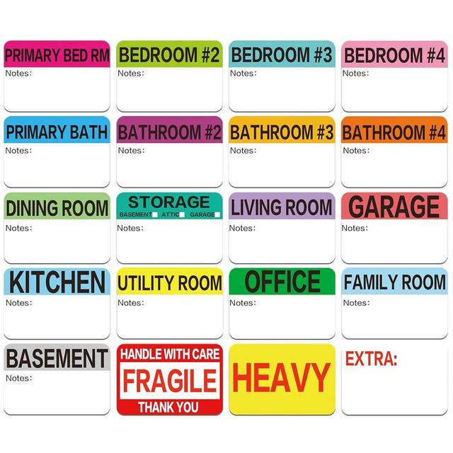 600 Count 3 x 2" Large Home Moving Packing Box Labels for 3-4 Bedroom House with Writable Notes Areas, 17 Color Coded Moving Labels for Boxes + Fragile Moving Stickers + Heavy and Blank Labels