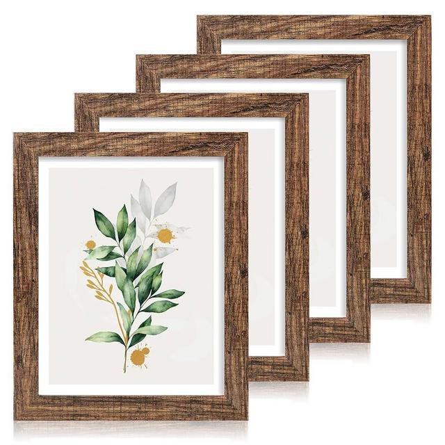 Hongkee 11x14 Picture Frame Set of 4, Made of Glass and Rustic Brown Wooden Frame, Display 8x10 Pictures with Mat or 11 x 14 Posters without Mat for Wall Mounting, Gallery Photo Frames