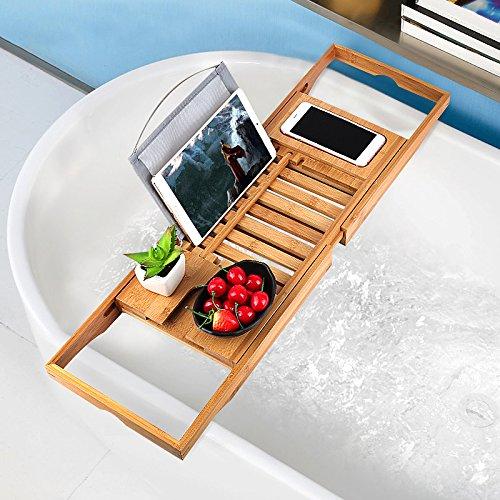Bathtub Tray oobest Bamboo Bathtub Caddy Tray with Extending Sides Adjustable book holder with Premium Luxury Tray Organizer for Phone and Wineglass (Natural Bamboo Color)