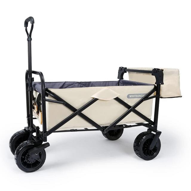WHITSUNDAY Collapsible Folding Garden Outdoor Park Utility Wagon Picnic Camping Cart with Bearing and Brake 8" All Terrain Wheels with Rear Storage (Beige)