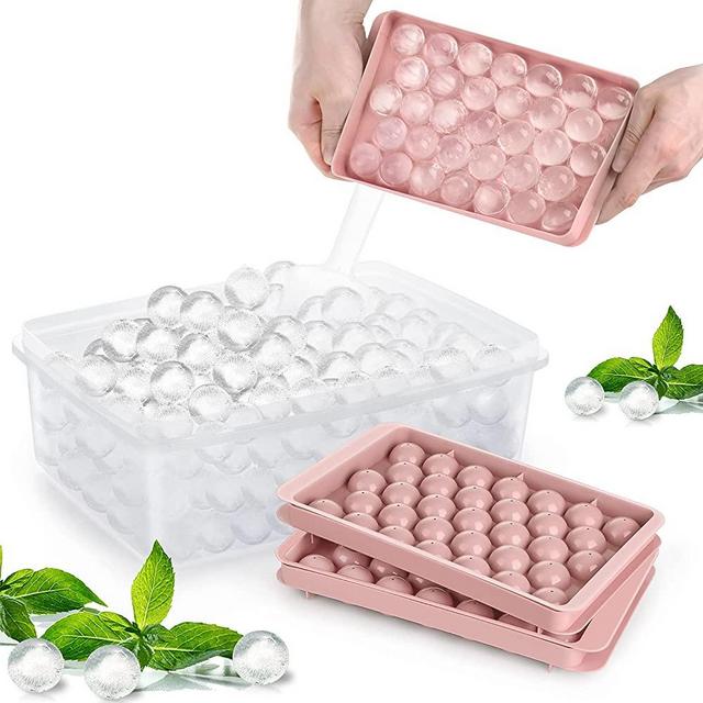 Round Ice Cube Tray, Ice Ball Maker Mold for Freezer with Container, Mini Circle Ice Cube Tray Making 1“ x 99PCS Sphere Ice Chilling Cocktail Whiskey Tea & Coffee(3 Pink Trays,1 Container & Scoop)