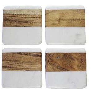 White Marble and Wood Set of 4 Square Coasters