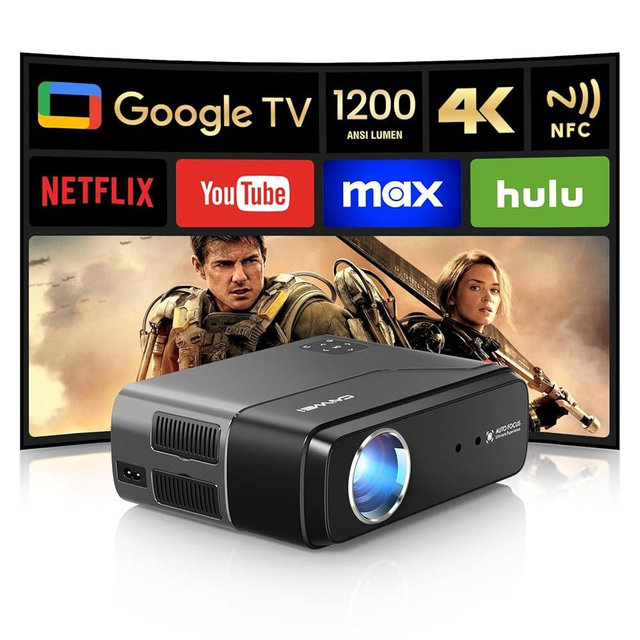 4K Google TV Projector with Streaming Apps, Netflix Licensed 1200 ANSI Smart Projector with Wifi and Bluetooth Google Play, HDR, Dolby Audio, NFC, Auto Focus for Home Theater, Indoor, Bedroom