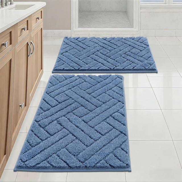 Vaukki Bathroom Rug Set 2 Pieces, Non Slip Bath Mat for Floor, Soft Machine Washable Absorbent Bathroom Carpet, Plush Microfiber Bath Mats Set for Shower, Sink and Tub (Blue, 20''x32''+20''x32'')