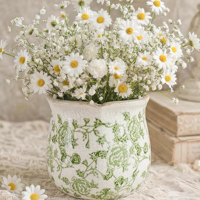 DREAMLOOM Vintage Ceramic Planter for Indoor Plants,6.1" Ice Crack Cottage Scroll Vase Tuscan Decor Flower Pots with Drainage Holes Home Kitchen Farmhouse Antique Decorative Gift (Green-Corrugated)