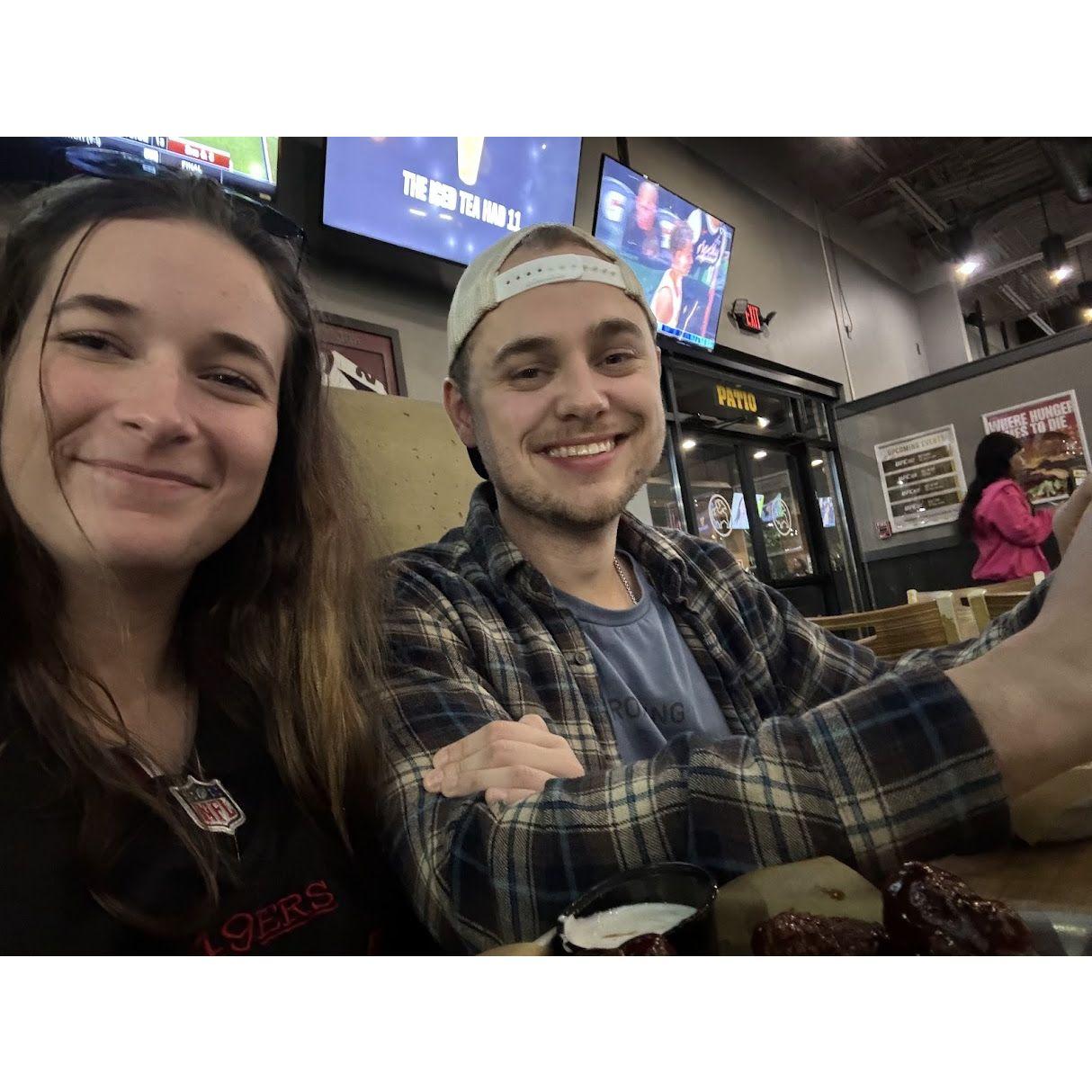 One of their many halfway trips when Caroline was in GA, Jonas in NC - this one at a Buffalo Wild Wings to watch a 49ers game!