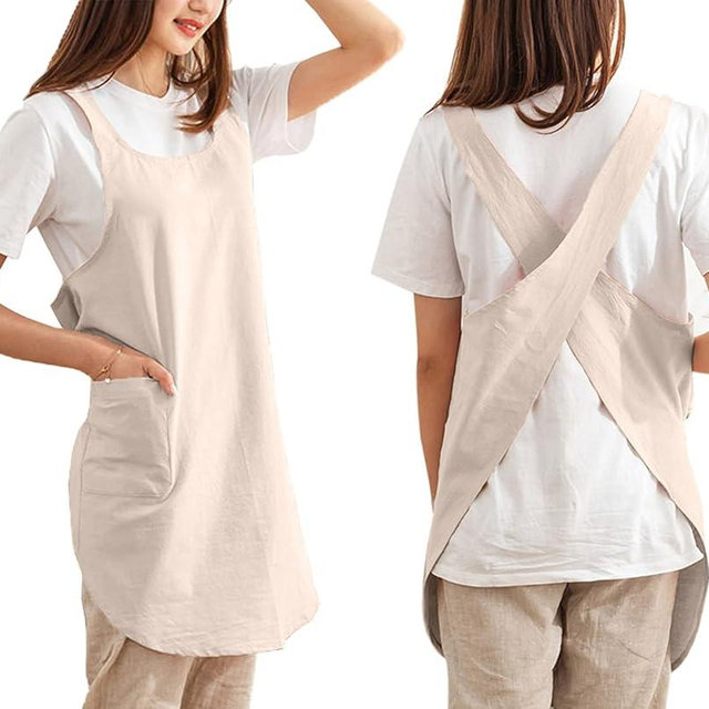 Cotton Cross Back Aprons Solid Color Cooking Kitchen Garden Smock for Women Girls with Pockets