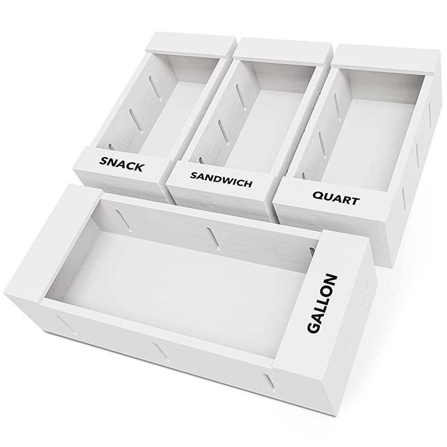 SpaceAid Bag Storage Organizer for Kitchen Drawer, Bamboo Organizer, Compatible with Gallon, Quart, Sandwich and Snack Variety Size Bag (4 Pack), White
