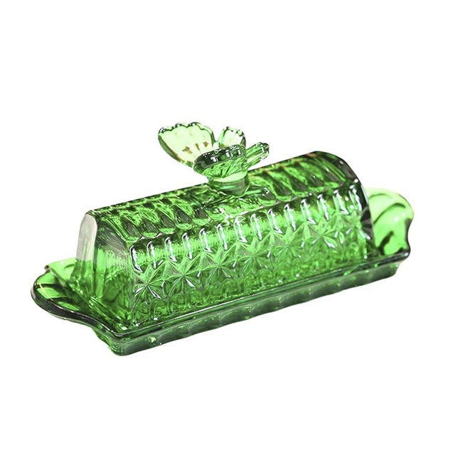 Butter Dish Glass Butter Dish with Lid and Easy Grip Handle for Bar Countertop Fridge Restaurant Household(Green)