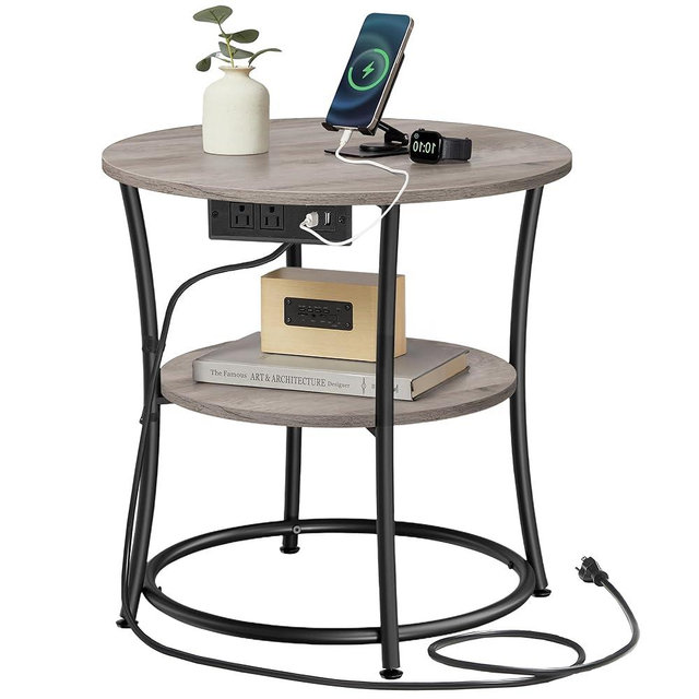 VASAGLE 21.7-Inch Round Side Table, 2-Tier End Table with Power Outlets, Nightstand with Steel Frame, Spacious Top, for Small Spaces, Living Room, Bedroom, Heather Greige and Ink Black ULET077L01