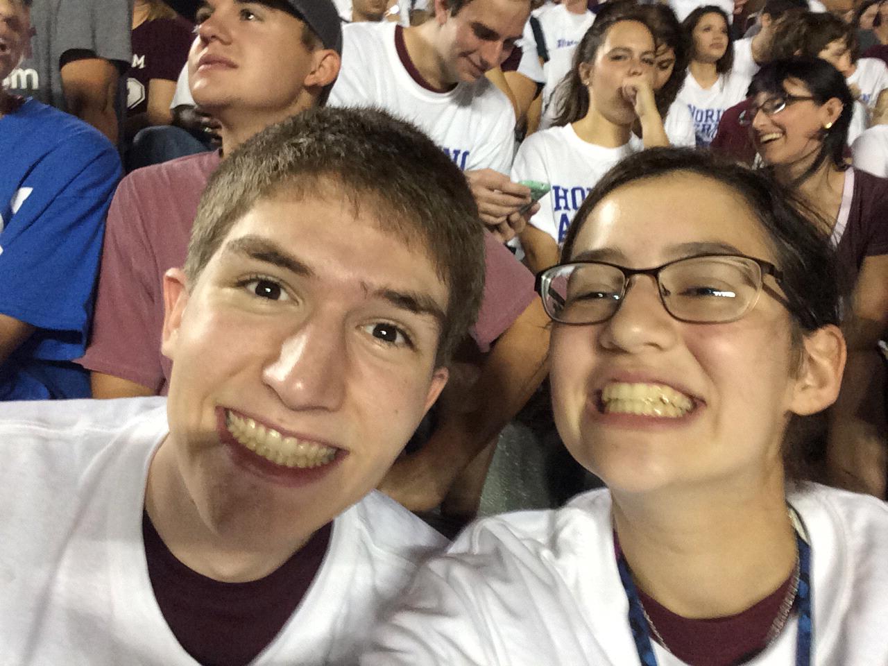 College Station, TX
First Midnight Yell freshman year (if you're not an Aggie, look it up). Might I add we were definitely just friends and sat awkwardly as everyone around us kissed their S/Os.