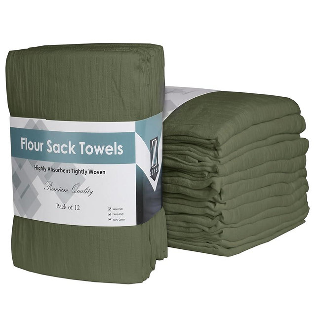 ZOYER Flour Sack Towels 28" x 28", 12 Pack - 100% Cotton Dish Towel - Machine Washable TeaTowels, Ultra Absorbent BarTowels, Dish Cloth Perfect for Drying Dishes & Cleaning - Olive