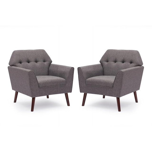 Kingfun Accent Chairs Set of 2 for Bedroom, Midcentury Modern Accent Arm Chair for Living Room, Linen Fabric Comfy Reading Chair, Tufted Comfortable Sofa Chair, Upholstered Single Sofa,Grey