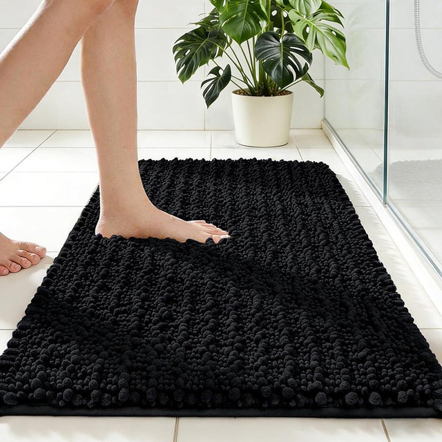 Disolla Non Slip Bathroom Rug Machine Washable Thick Black Bath Mat 24x36 Soft Absorbent Bathroom Floor Mat Chenille Bath Rug for Shower Tub