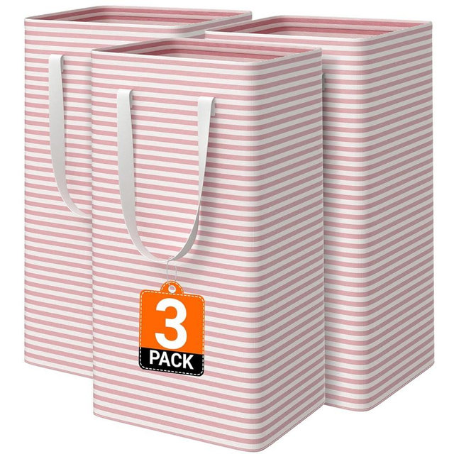 SmartTrends 3 Pack Large Laundry Basket,Waterproof & Freestanding Laundry Hamper,Collapsible Clothes Hampers with Easy Carry Long & Reinforced Handles in Bathroom,College Dorm(88Lx3,Pink)