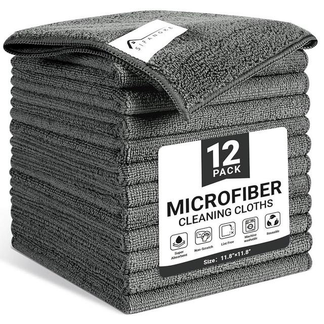 SIFANGKE Microfiber Cleaning Cloth, 12 Pack Grey Cleaning Rags for Housekeeping, Reusable Microfiber Towels for Car, Kitchen, Bathroom and Household Cleaning Supplies, 11.8"X11.8"