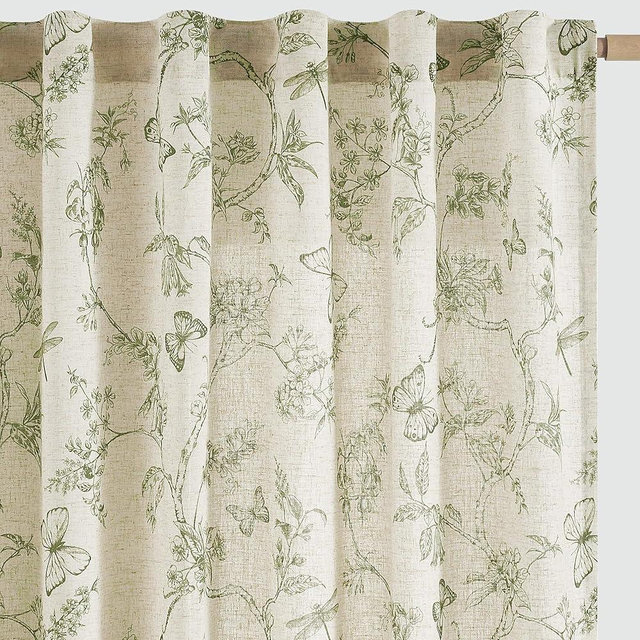 jinchan Floral Linen Curtains for Living Room 84 Inch Length Printed Toile Curtain Sage Green Light Filtering French Country Farmhouse Curtain Patterned Drapes Bedroom Back Tab Rod Pocket 2 Panels