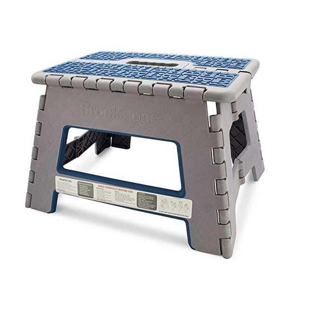 Brookstone BKH1094 9” Folding Step Stool for Adults and Kids (with Supervision), Non-Slip Textured Grip Surface, Foldable Space Saving Design, Carrying Handle, Holds Up to 300 Pounds, Gray