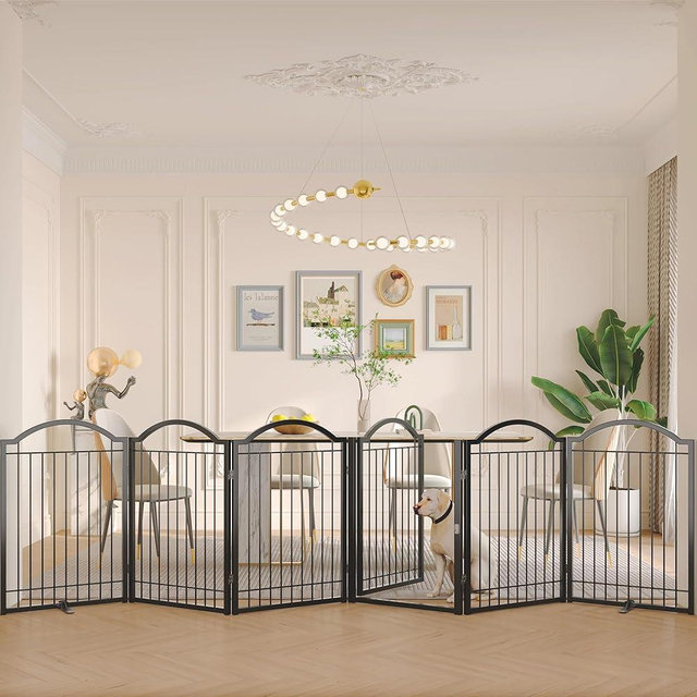 BHG Metal No-Assembly Freestanding Dog Gate with Door Walk Through, Extra Wide 144", Extra Tall 32" Pet Gate, Accordion Puppy Folding Playpen Dog Fence, with 2PCS Support (Black, 6 panesl)