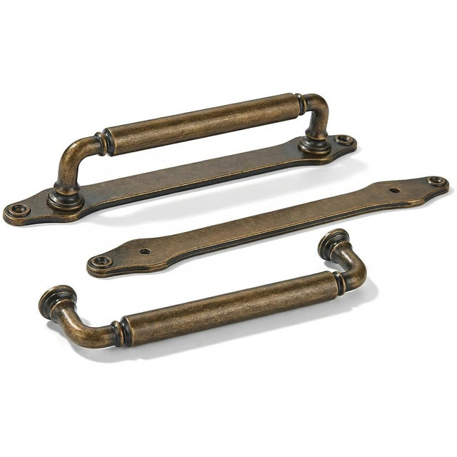 khtumeware 5 Pack 6 Inch Hole Center Antique Brass Cabinet Pull with Backplate Solid Heavy-Duty Handles with Base Plate Cabinet Pulls for Drawer Sliding Door Charcuterie Board