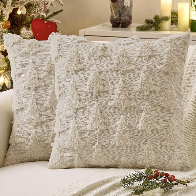 MIULEE Christmas Throw Pillow Covers Beige Christmas Decorations Set of 2 Xmas Tree 16x16 Pillow Covers Soft Plush Faux Wool Pillowcases Holiday Festivals Winter Home Decor Sofa Couch Bed Porch