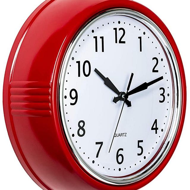 Bernhard Products Retro Wall Clock 9.5 Inch Red Kitchen 50's Vintage Design Round Silent Non Ticking Battery Operated Quality Quartz Clock